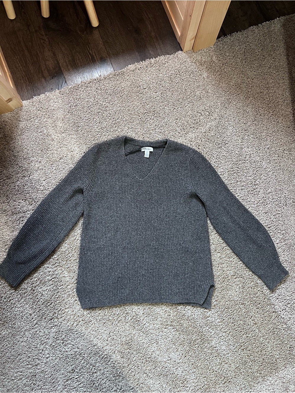 Calvin Klein women’s  Dark Gray V-Neck Ribbed Sweater